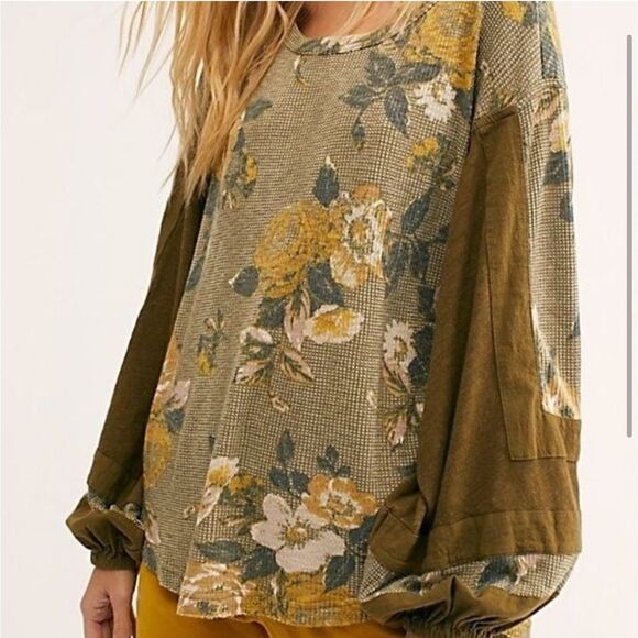 Free People Flower Patch Thermal Waffle Top S Army Green Rare Color Boho Loose - Picture 2 of 12